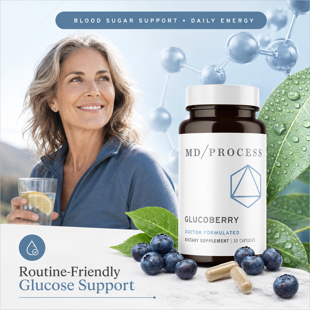 Premium square GlucoBerry benefits visual with bottle, berries, leaves and capsules